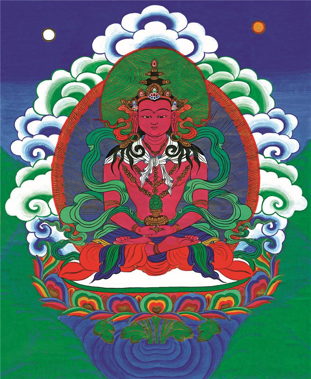 Amitayus - the Buddha of Longevity - Tibetan thangka painting, front view