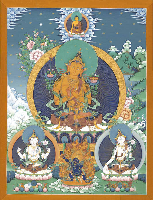 Manjushri Chenrezig Vajrapani - Tibetan thangka painting, front view