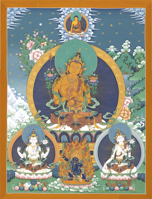 Gandhanra Tibetan Thangka Art - Manjushri Chenrezig Vajrapani - from Kathok Monastery - Giclee Print with Mineral Pigments