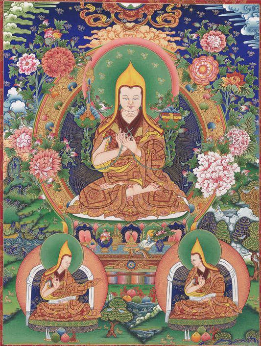 Tsongkhapa and His 2 Disciples - Tibetan thangka painting, front view