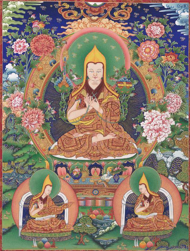 Tsongkhapa and His 2 Disciples - Tibetan thangka painting, front view