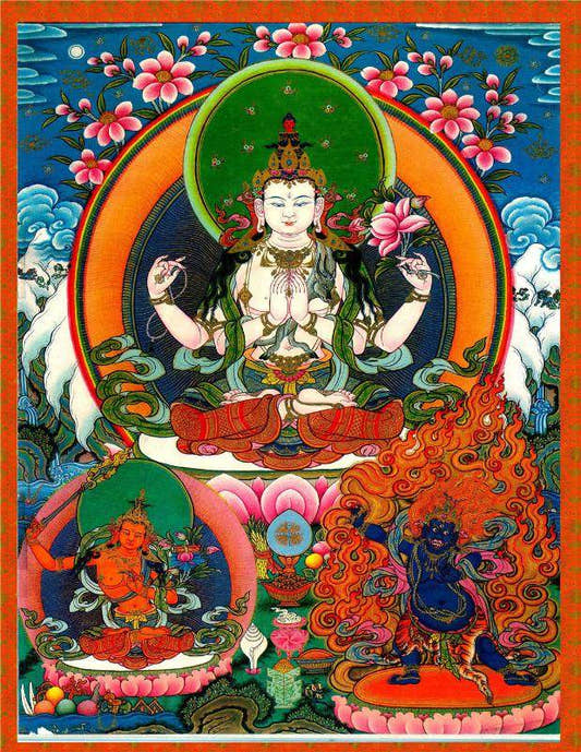 Chenrezig - Tibetan thangka painting, front view