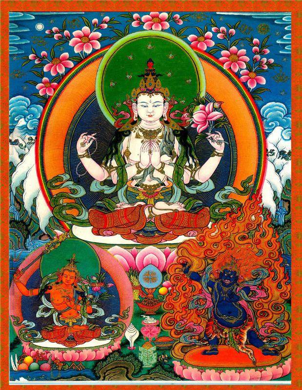 Chenrezig - Tibetan thangka painting, front view