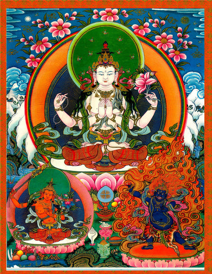 Gandhanra Tibetan Thangka Art - Chenrezig - Padmapani - from Kathok Monastery - Giclee Print with Mineral Pigments