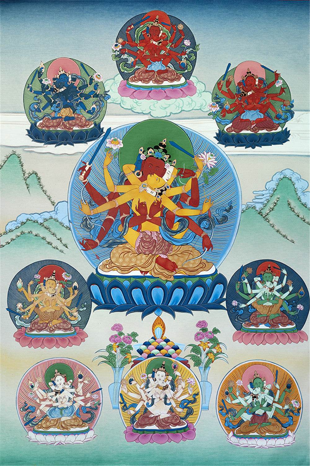 9 Yab-Yum Manjusri Thangka - Tibetan thangka painting, front view