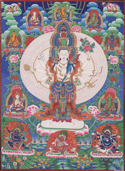 The Thousand-hand Avalokiteshvara - Tibetan thangka painting, front view