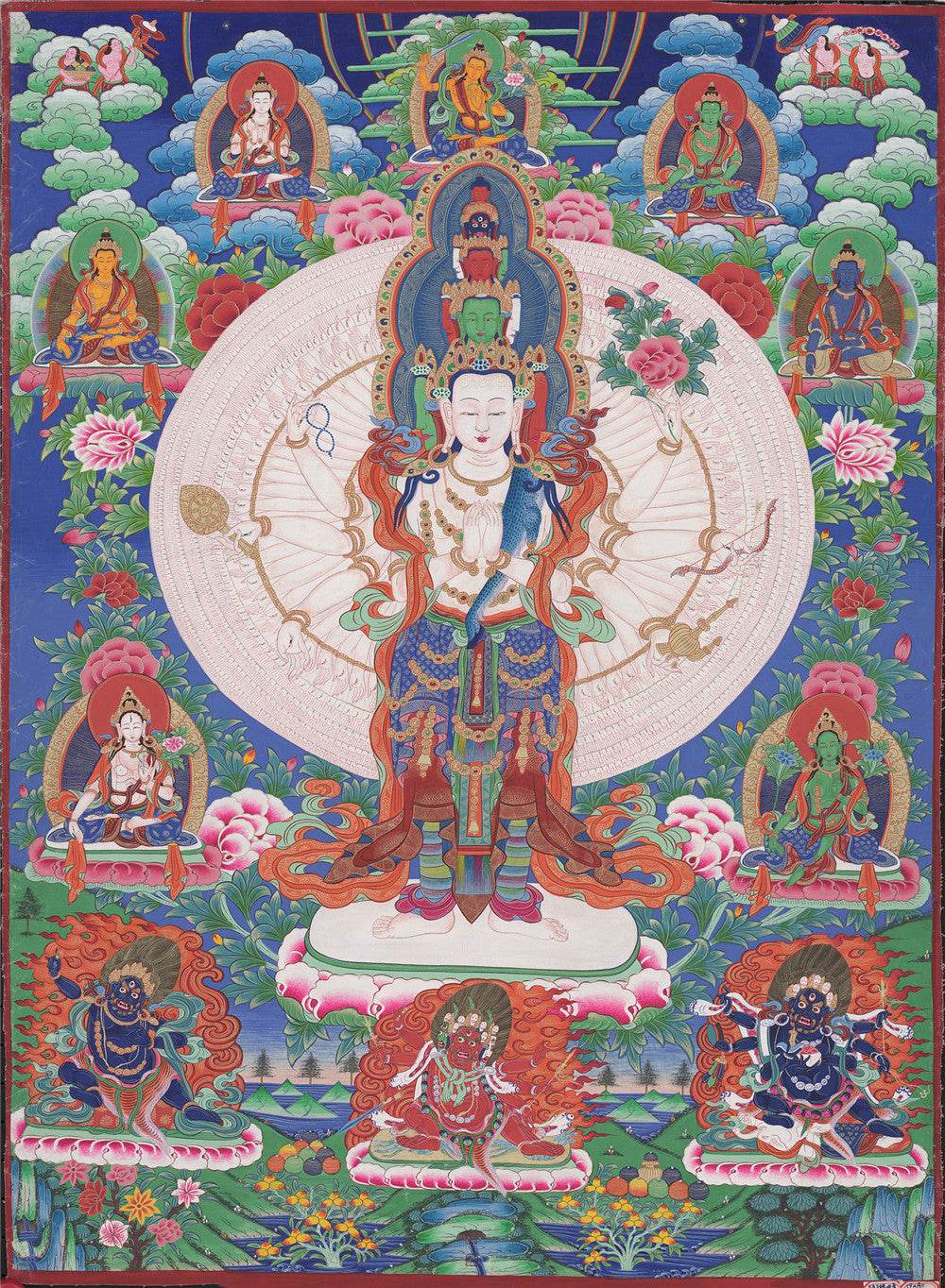 The Thousand-hand Avalokiteshvara - Tibetan thangka painting, front view