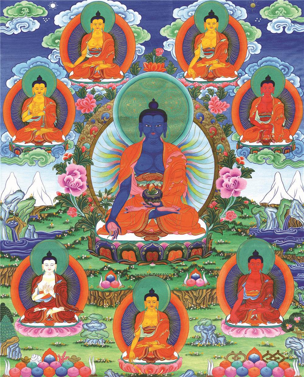 Bhaisajyaguru - Eight Medicine Buddhas - Tibetan thangka painting, front view
