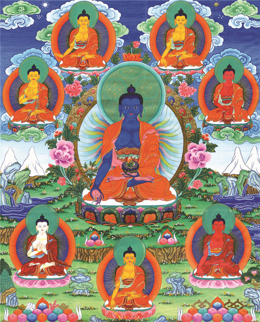Gandhanra Tibetan Thangka Art - Bhaisajyaguru - Eight Medicine Buddhas - from Kathok Monastery - Giclee Print with Mineral Pigments