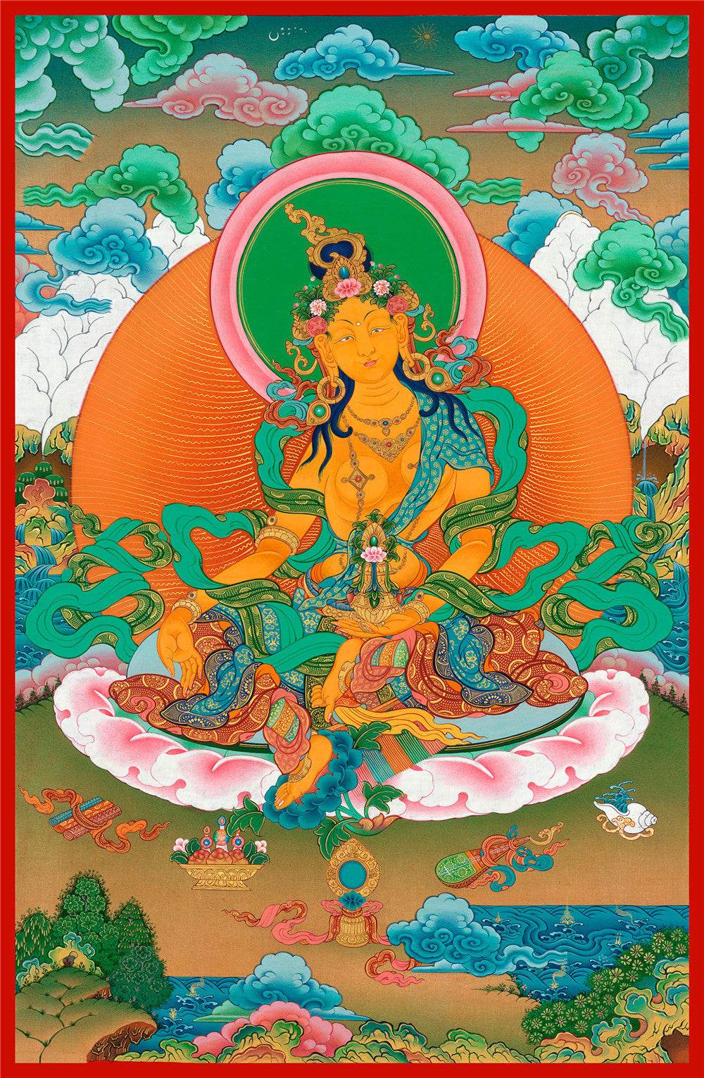 Green Tara - Tibetan thangka painting, front view