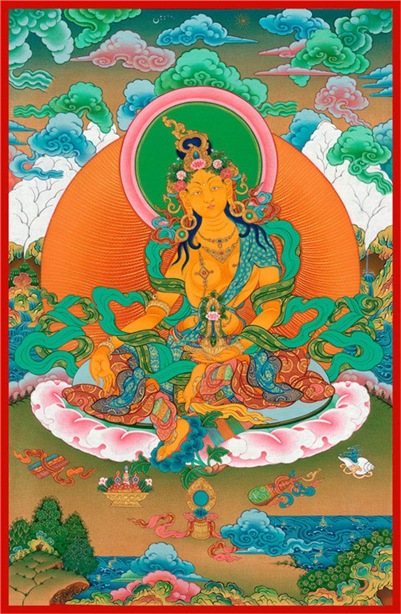 Green Tara Image - Tibetan thangka painting, front view