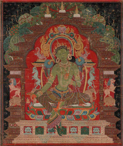 Green Tara Image - Tibetan thangka painting, front view