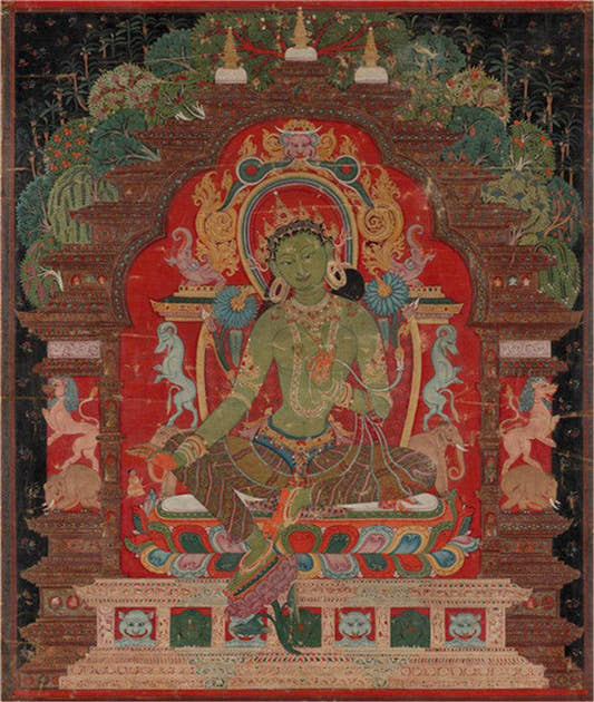 Green Tara Image - Tibetan thangka painting, front view
