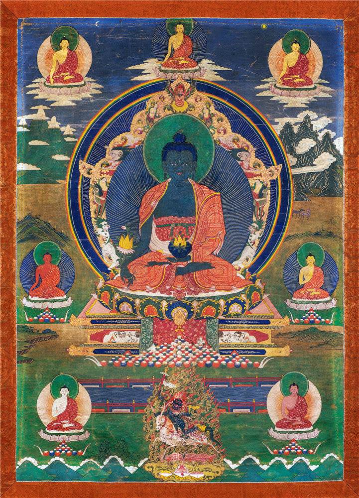 Bhaisajyaguru - Medicine Buddha - Tibetan thangka painting, front view