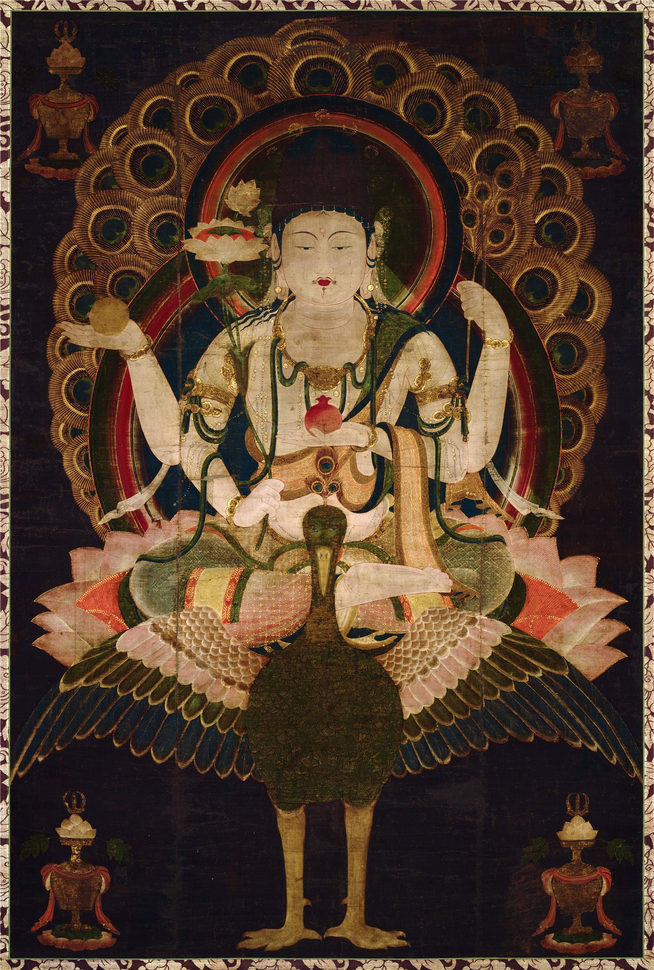 This image is Mahamayuri,Peacock Wisdom Queen,original painting is 12th century CE,Heian Period,Japan. This replica is giclee print with mineral pigments,and hand framed. Giclee print (French Giclée) is an exact replica of the original thangka, made with high-resolution digital print on tibetan canvas and produced in limited edition.