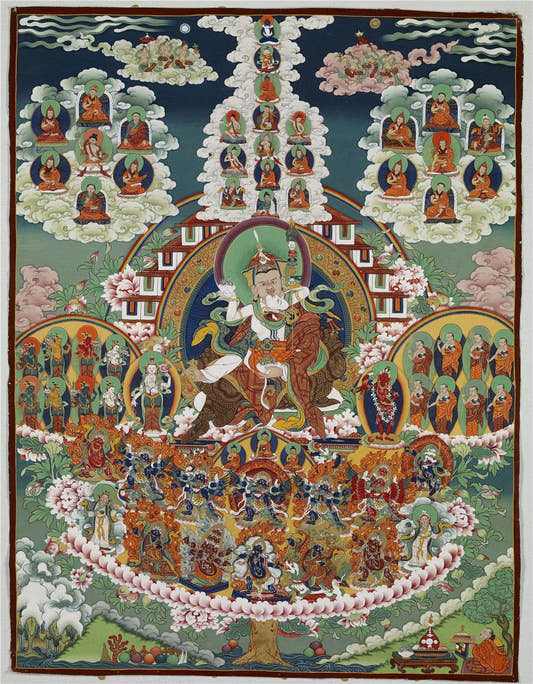 Padmasambhava - Guru Rinpoche Refuge Tree - Tibetan thangka painting, front view