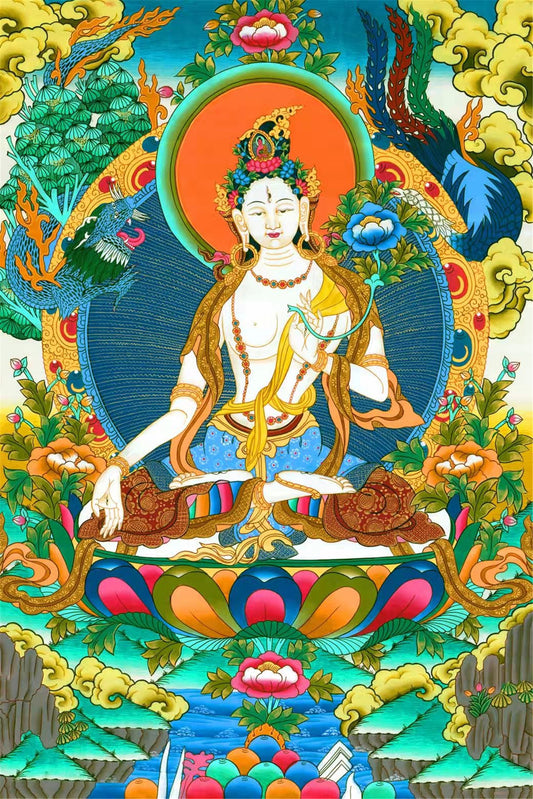 Gandhanra Hand Framed Tibetan Thangka Art,White Tara, Buddhist Tapestry,Giclee Print with Mineral Pigments,48" × 32"