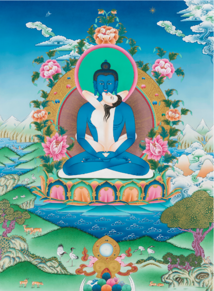 Gandhanra Tibetan Thangka Art - Samantabhadra in Yab Yum - from Kathok Monastery - Giclee Print with Mineral Pigments