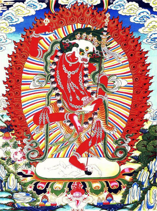Lion-faced Dakini - Simhamukha - -Simhavaktra -Longsal Sengmar - Tibetan thangka painting, front view