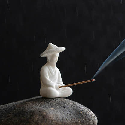 Ceramic Fisherman Incense Holder - Tibetan Buddhist statue, front view