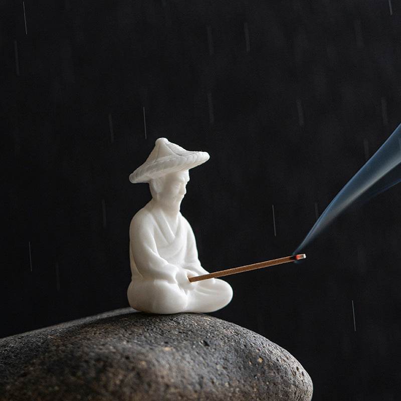 Ceramic Fisherman Incense Holder - Tibetan Buddhist statue, front view