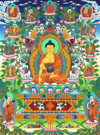 Shakyamuni Thangka - Hand Framed Giclee Printed Tibetan Art - Tibetan thangka painting, front view