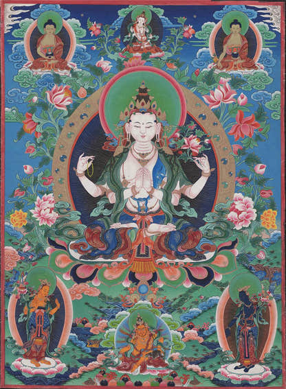 Chenrezig - Tibetan thangka painting, front view