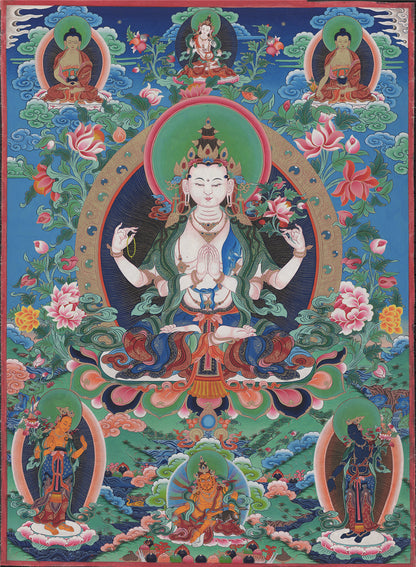 Gandhanra Tibetan Thangka Art - Chenrezig - Padmapani - from Kathok Monastery - Giclee Print with Mineral Pigments