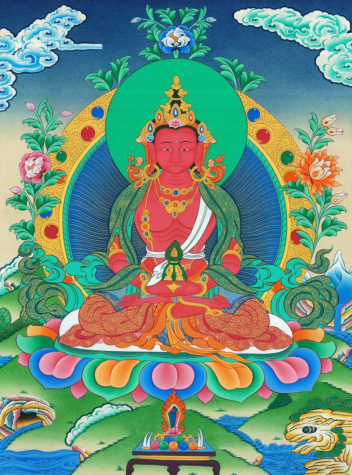 Gandhanra Tibetan Thangka Art - Amitayus - the Buddha of Longevity - from Kathok Monastery - Giclee Print with Mineral Pigments