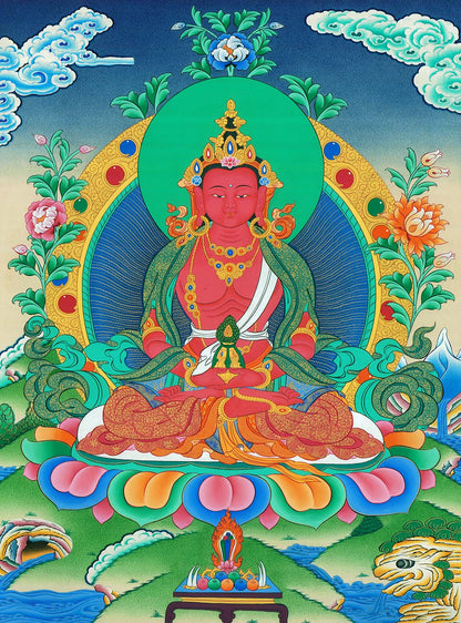 Gandhanra Tibetan Thangka Art - Amitayus - the Buddha of Longevity - from Kathok Monastery - Giclee Print with Mineral Pigments