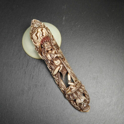 Leg Bone Carved Dudjom Troma Nagmo Statue,Black Wrathful Dakini Kapala Amulet Badge,Gandhanara Old Tibetan Buddhism,20th,180mm × 40mm