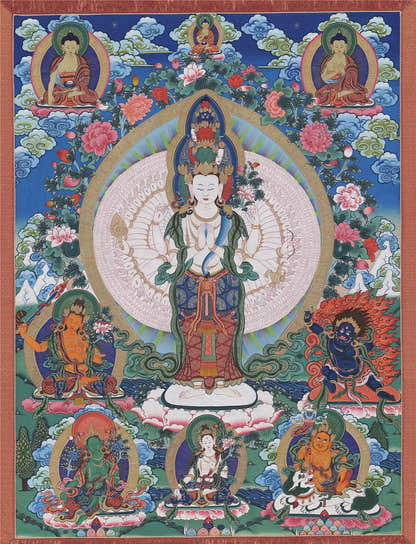 The Thousand-hand Avalokiteshvara - Tibetan thangka painting, front view