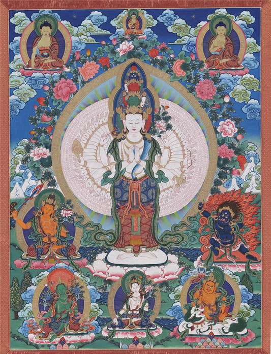 The Thousand-hand Avalokiteshvara - Tibetan thangka painting, front view