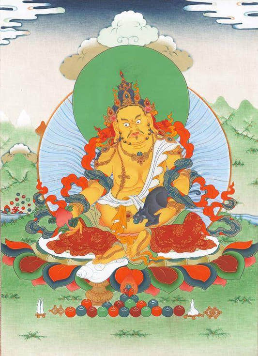 Yellow Jambhala - Tibetan thangka painting, front view