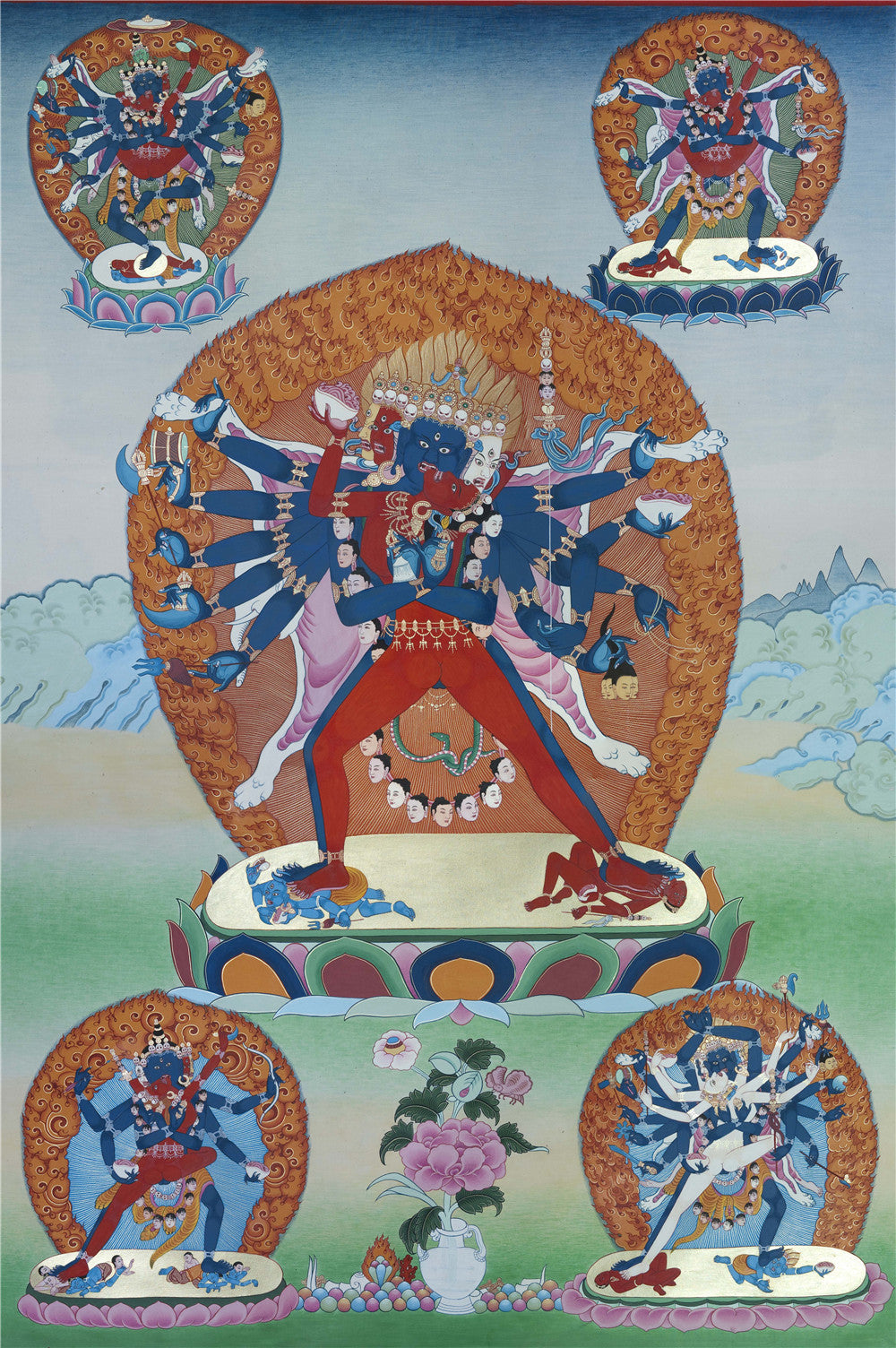 Gandhanra Tibetan Thangka Art - Vajrabhairava-Yamāntaka - from Kathok Monastery - Giclee Print with Mineral Pigments