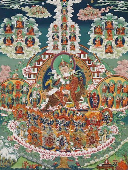 Padmasambhava - Guru Rinpoche on Refuge Tree - Tibetan thangka painting, front view