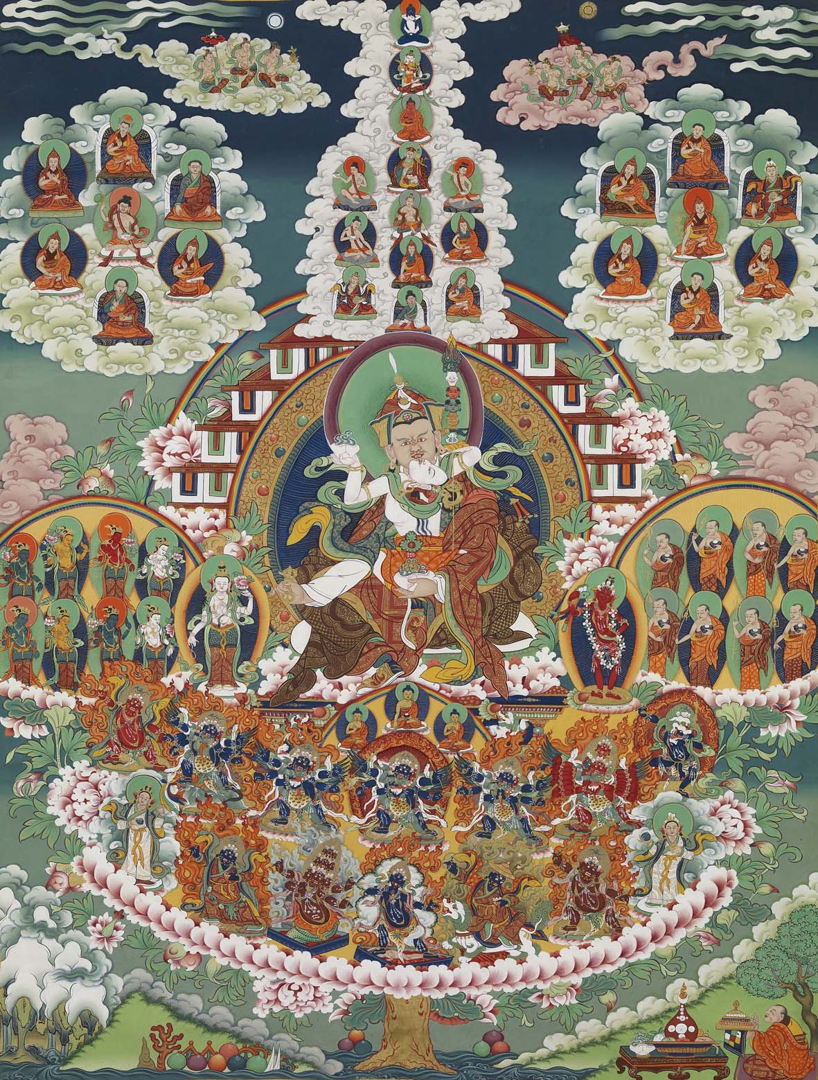 Gandhanra Handmade Thangka - Padmasambhava - Guru Rinpoche on Refuge Tree - from Kathok Monastery