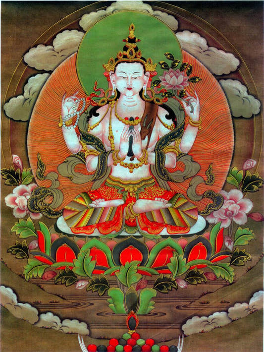 Chenrezig - Tibetan thangka painting, front view
