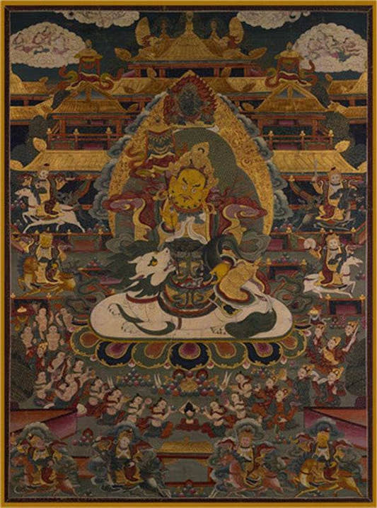 Yellow Jambhala Image - Tibetan thangka painting, front view