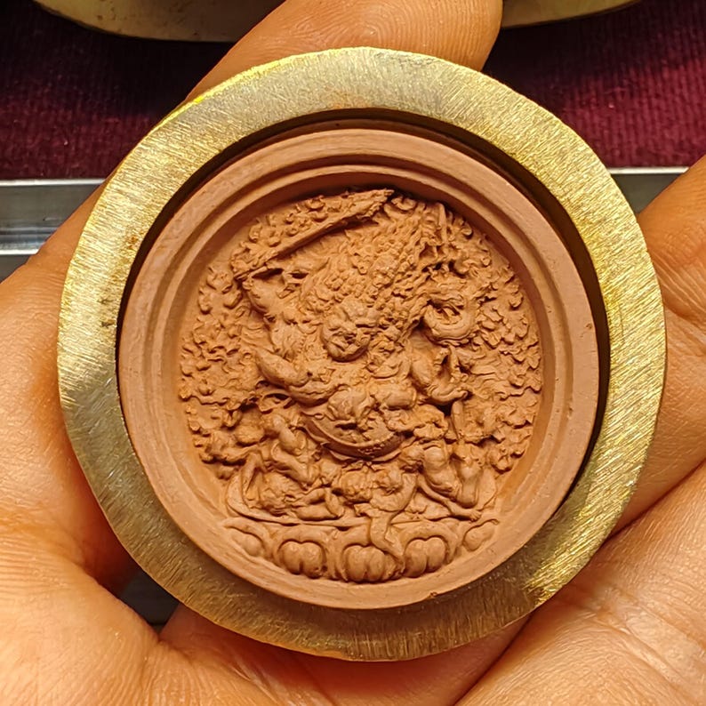 3 Faced 6 Armed Mahakala Tsa Tsa Mold - Round Shape 3.5cm : Tibetan Buddha Statue Maker for Ritual Sacred Art & Offering