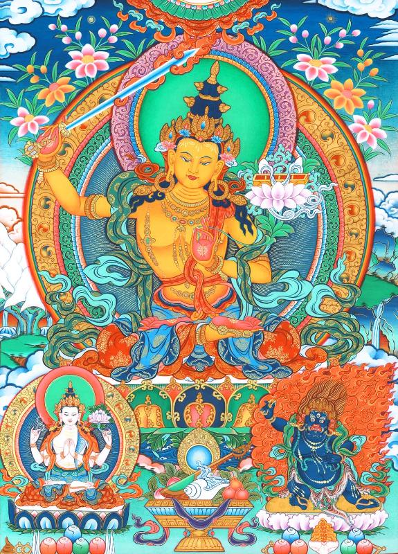 Gandhanra Tibetan Thangka Art - Manjusri - from Kathok Monastery - Giclee Print with Mineral Pigments