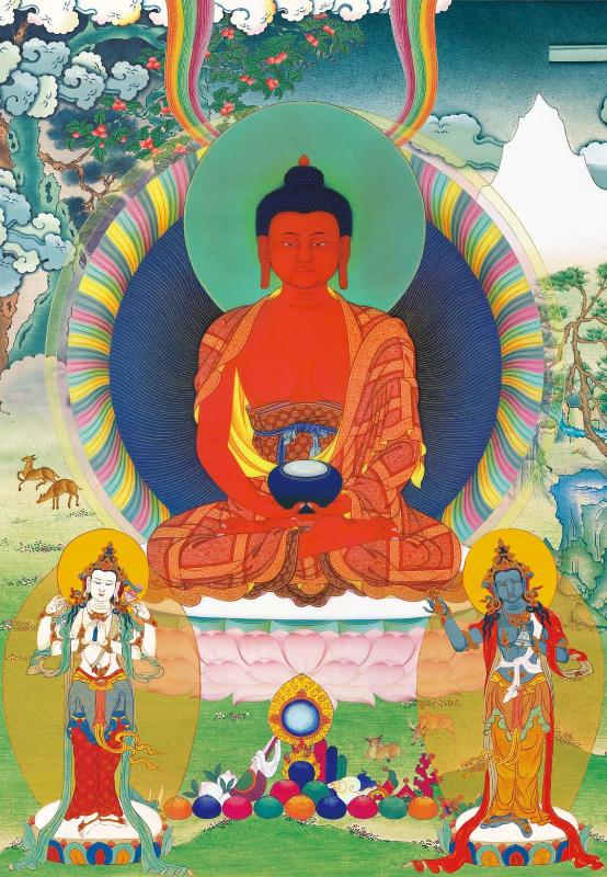 Gandhanra Tibetan Thangka Art - Amitayus - Amitabha - from Kathok Monastery - Giclee Print with Mineral Pigments