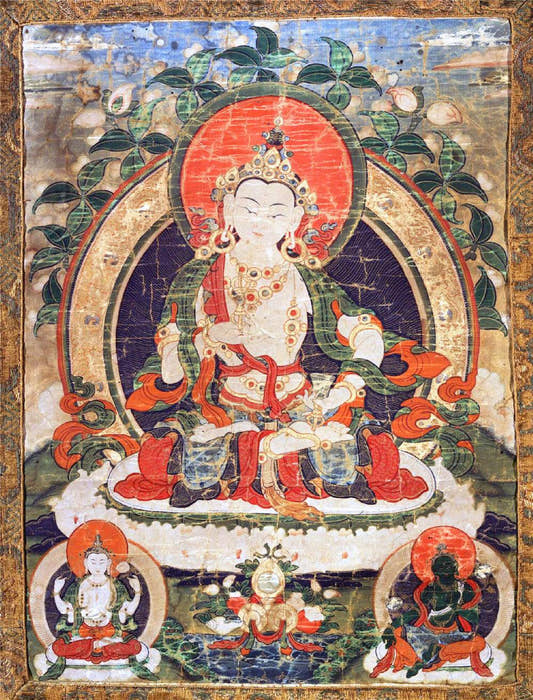 Vajrasattva - 14th Century Old Version - Tibetan thangka painting, front view