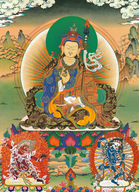 Gandhanra Handmade Thangka - Padmasambhava - Guru Rinpoche with King Trisong Detsen & Shantarakshita - from Kathok Monastery