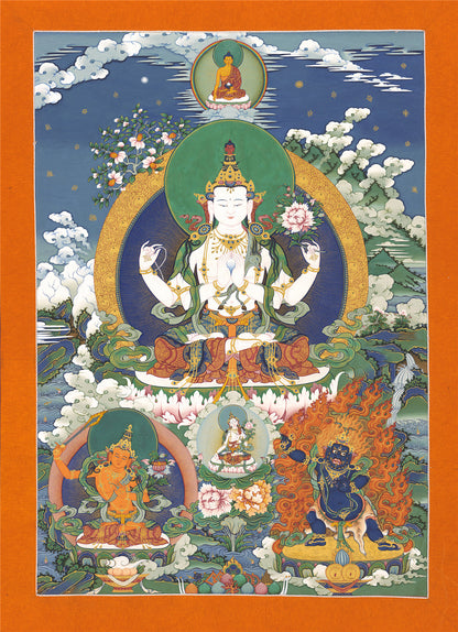 Gandhanra Tibetan Thangka Art - Chenrezig - Padmapani - from Kathok Monastery - Giclee Print with Mineral Pigments