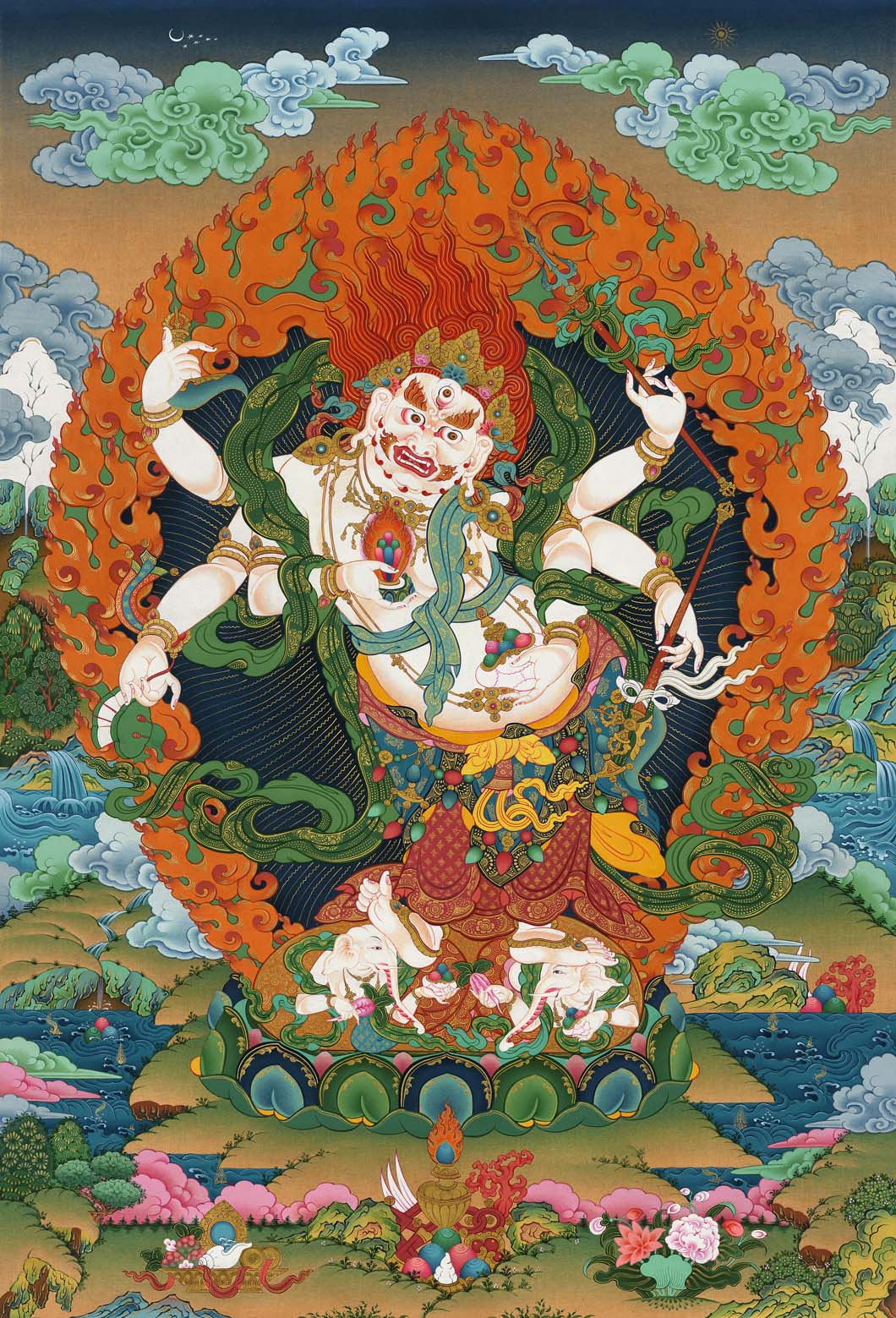 Gandhanra Tibetan Thangka Art - White Mahakala - from Kathok Monastery - Giclee Print with Mineral Pigments