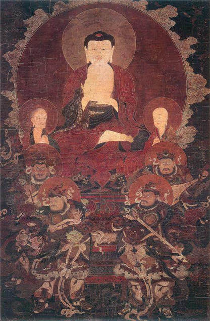 Shakyamuni and the Four Heavenly Kings - Tibetan thangka painting, front view