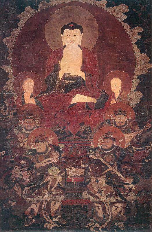 Shakyamuni and the Four Heavenly Kings - Tibetan thangka painting, front view