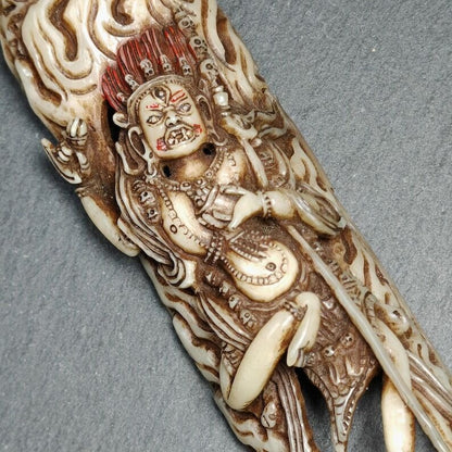 Leg Bone Carved Dudjom Troma Nagmo Statue,Black Wrathful Dakini Kapala Amulet Badge,Gandhanara Old Tibetan Buddhism,20th,180mm × 40mm