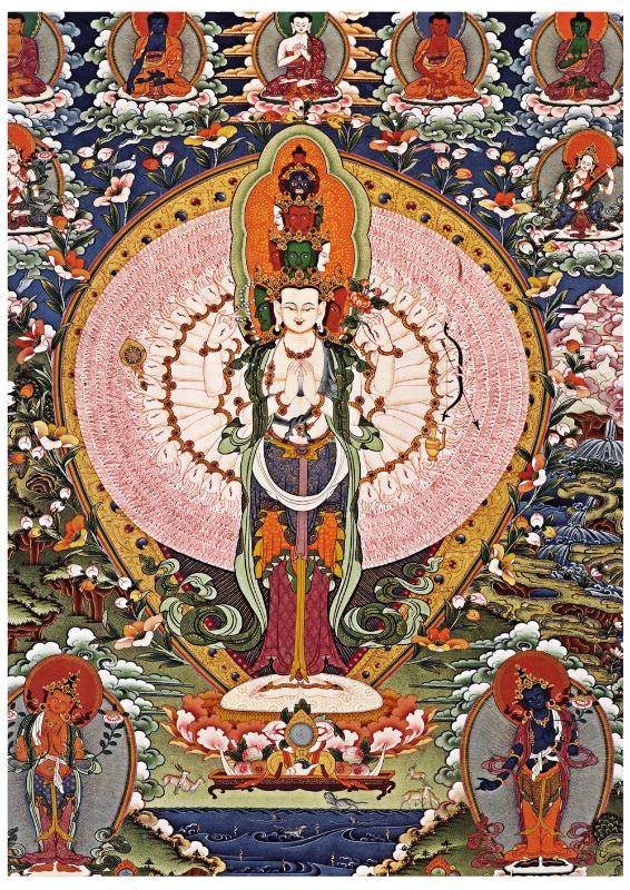 The Thousand-hand Avalokiteshvara - Tibetan thangka painting, front view